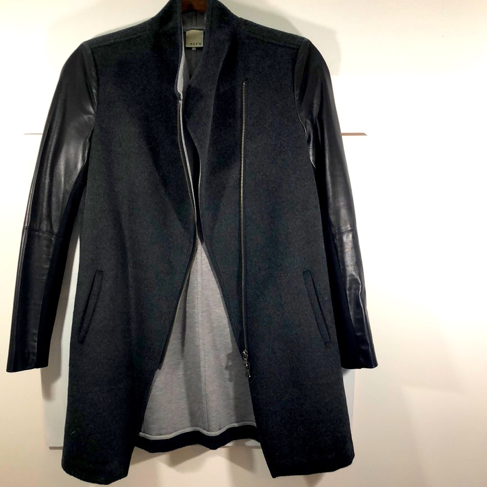 Ecru XS charcoal w/ real black leather sleeve jacket